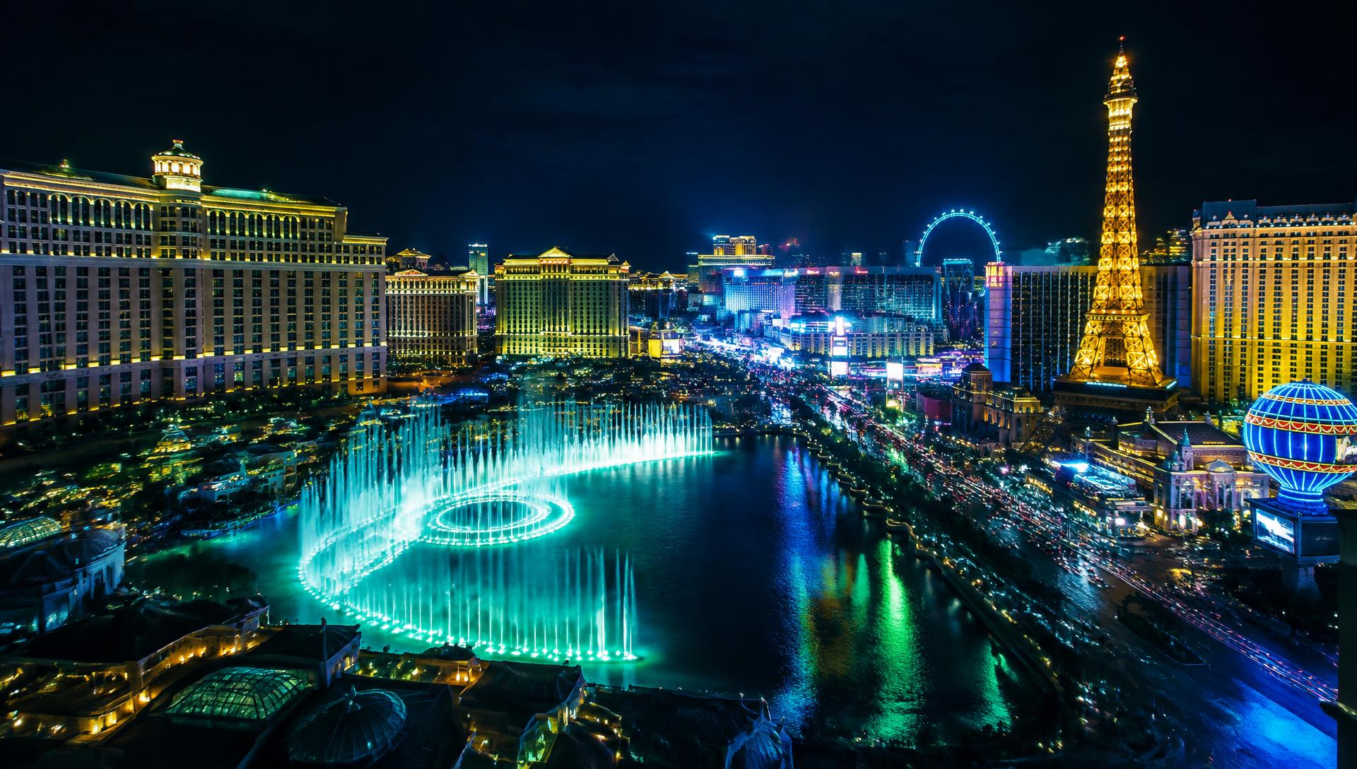 The Las Vegas Strip at night with the Bellagio fountains